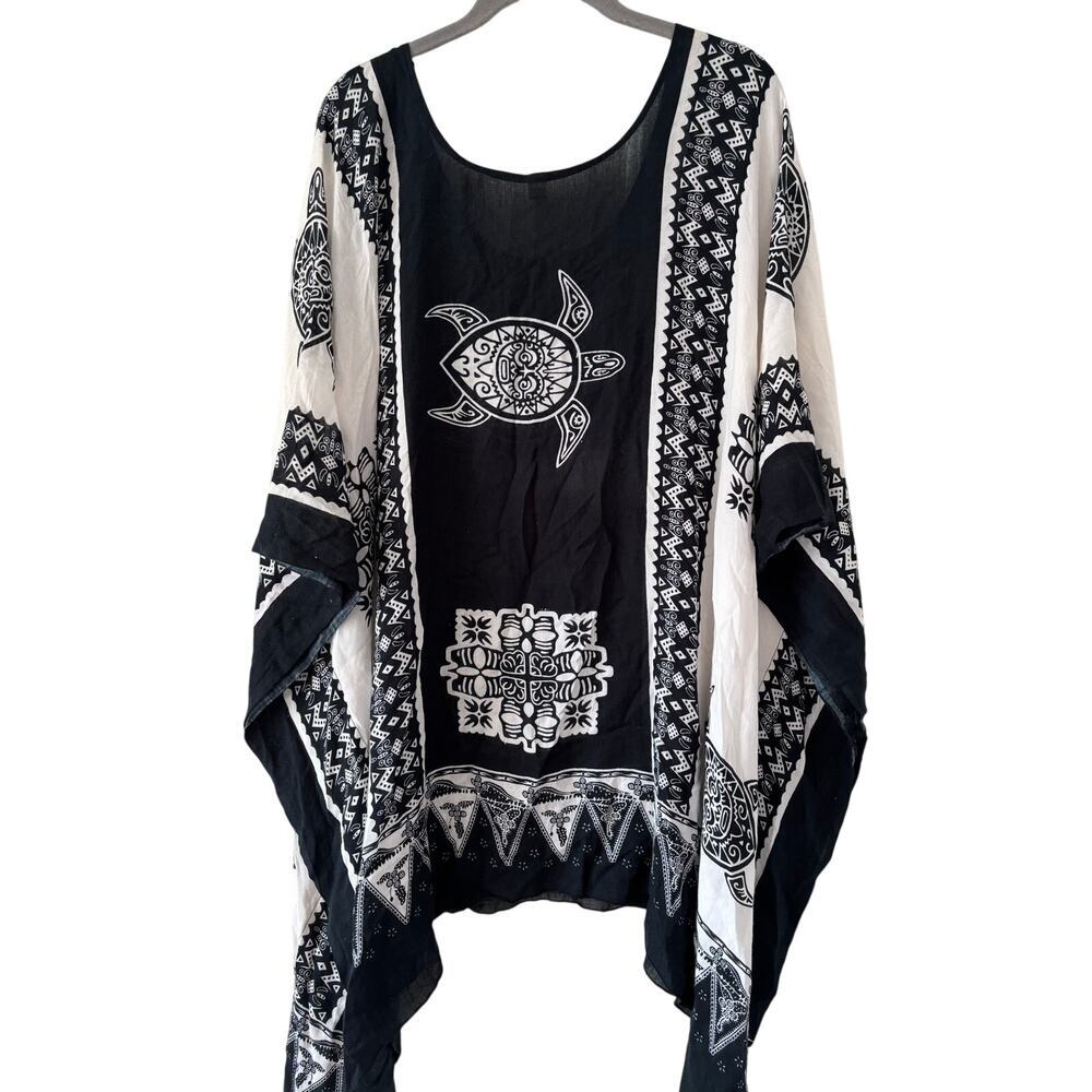 Handmade Rayon Beach Cover Up Kaftan Black White Sea Turtle Boho One Size - Picture 9 of 9